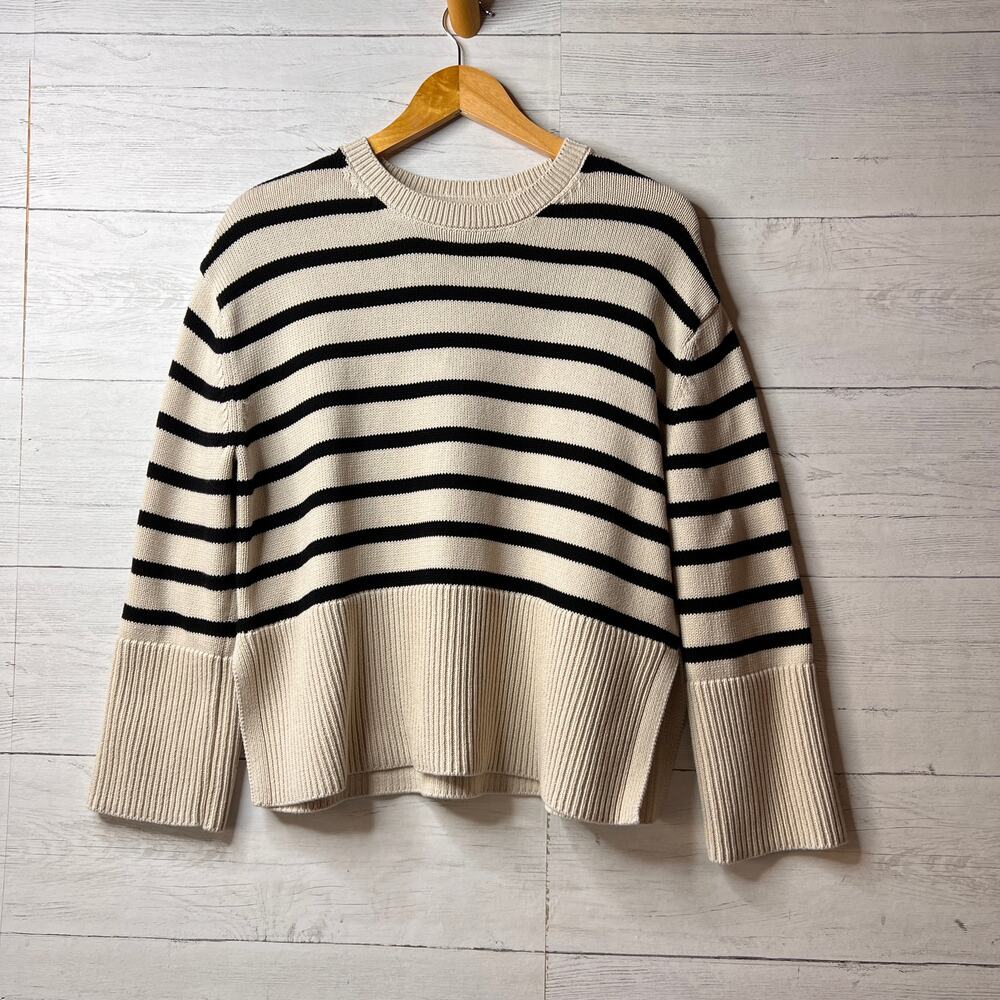 GAP Sweater Womens Size Small Ivory & Black Striped 100% Cotton Split Hem